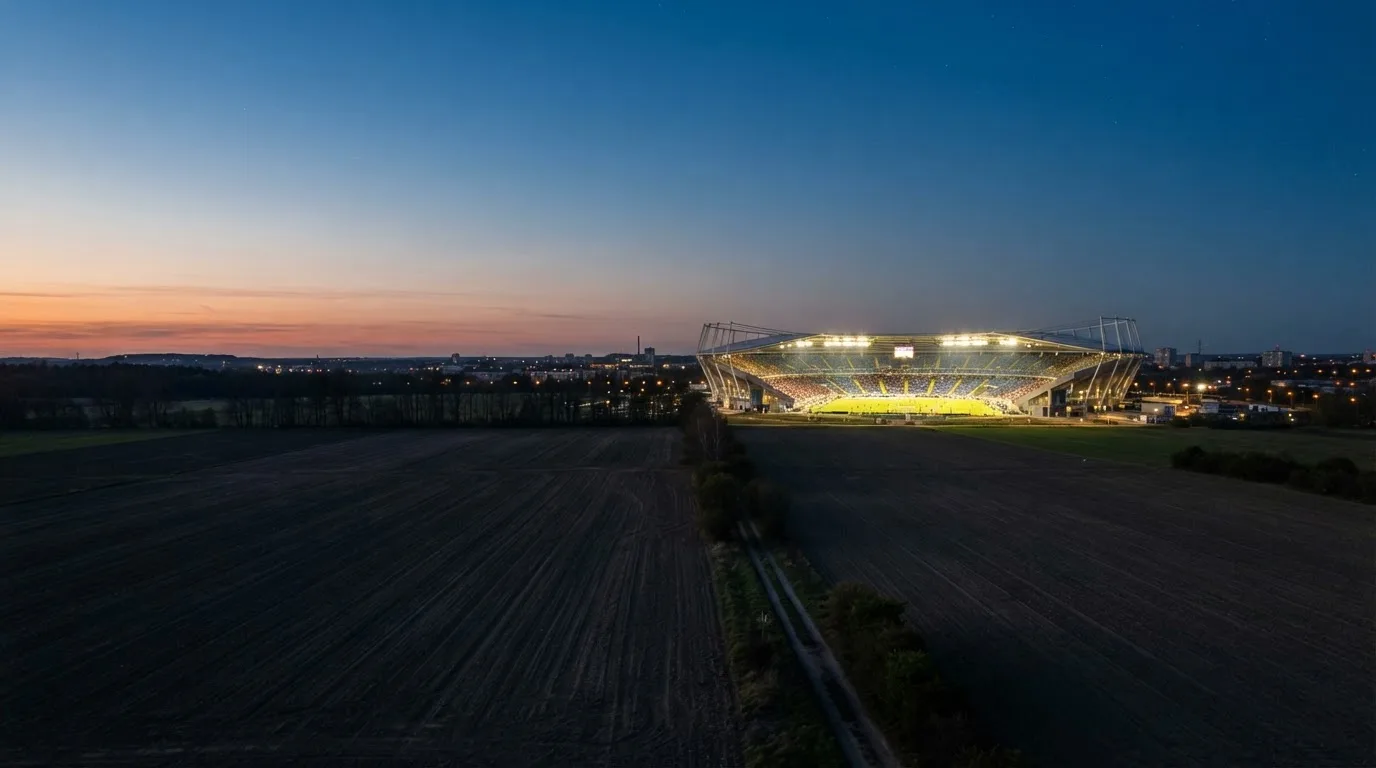 Stadion rozświetlony reflektorami widziany z daleka znad ciemnych pól w pogodny wieczór.