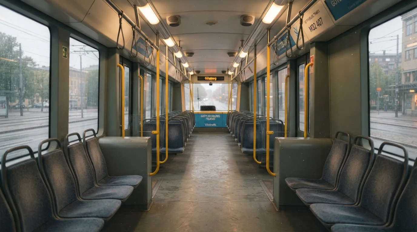 Wnętrze pustego tramwaju z rzędami siedzeń i poręczą w porannym świetle.