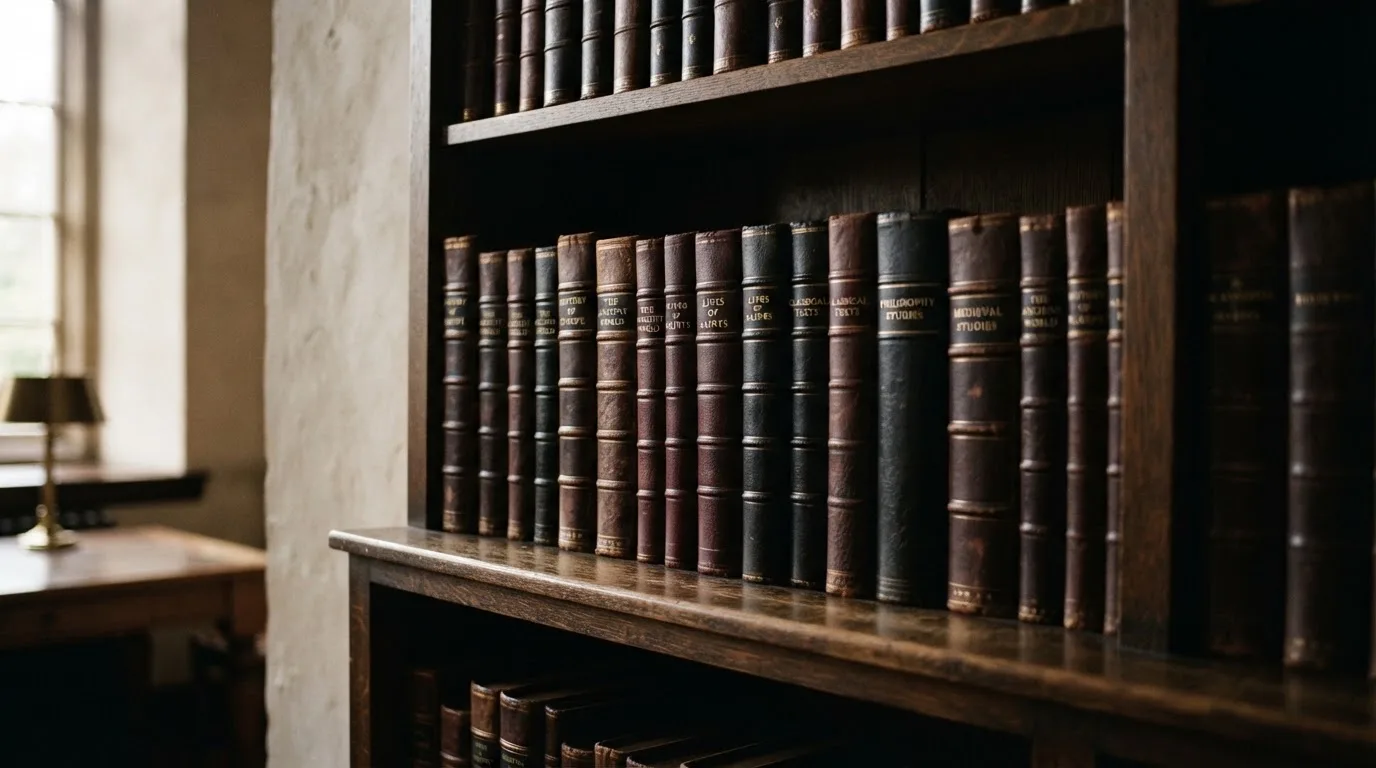 Regał z zamkniętymi książkami w skórzanych oprawach w cichej bibliotece, światło pada z boku.