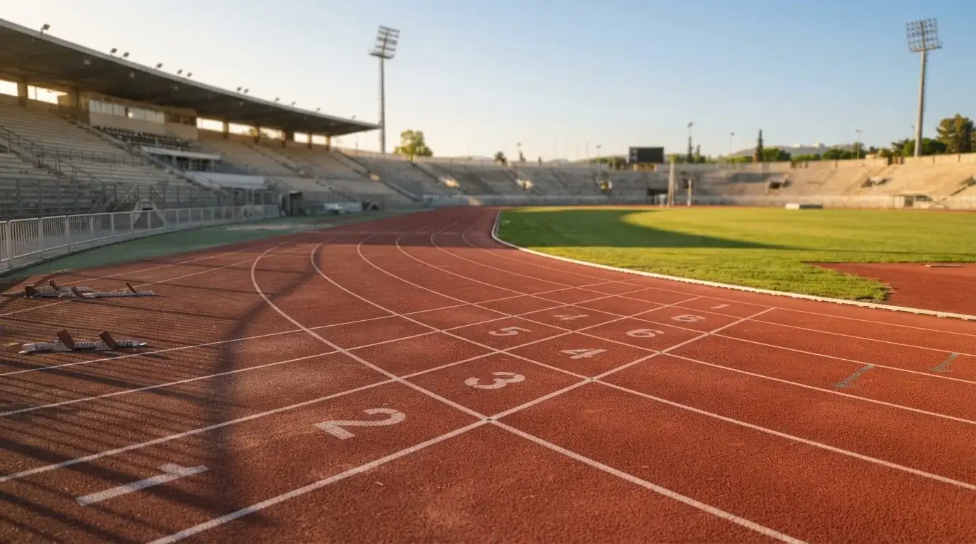 Bieżnia lekkoatletyczna wygięta w łuk pustego stadionu w porannym słońcu.