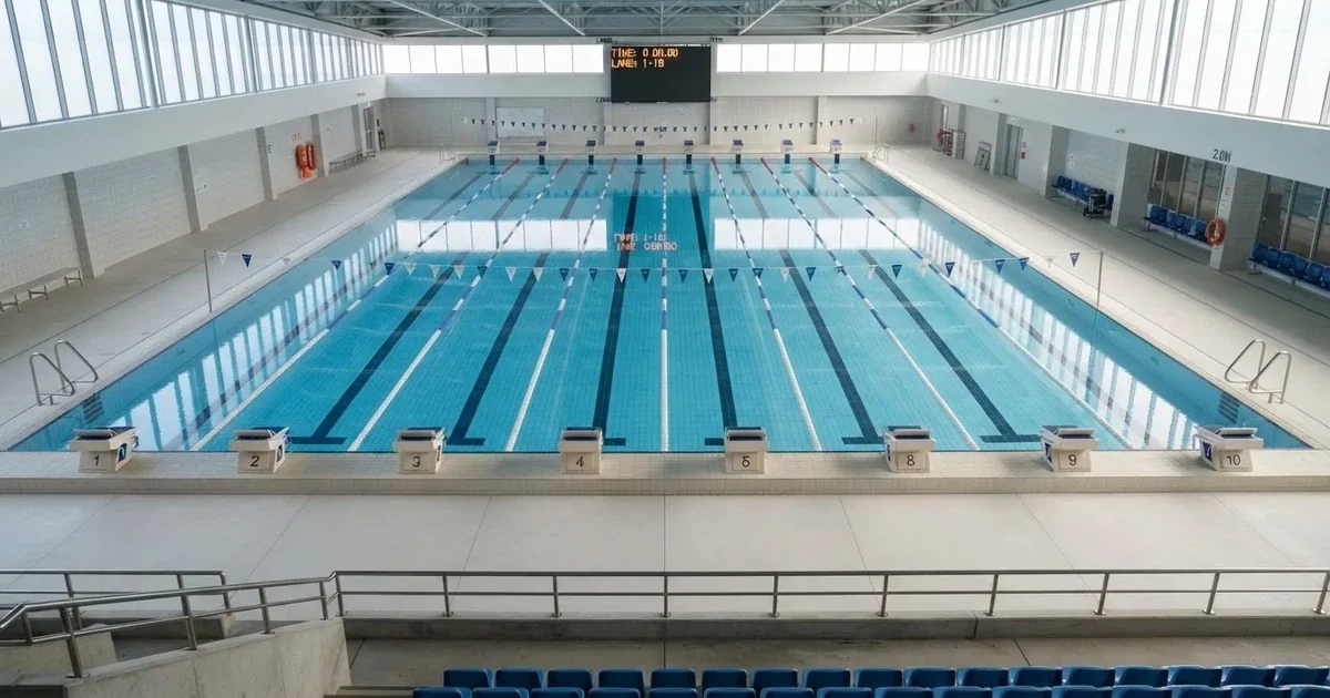 Pusty basen olimpijski z równymi torami i spokojną taflą wody, widok z trybun w jasnym świetle.