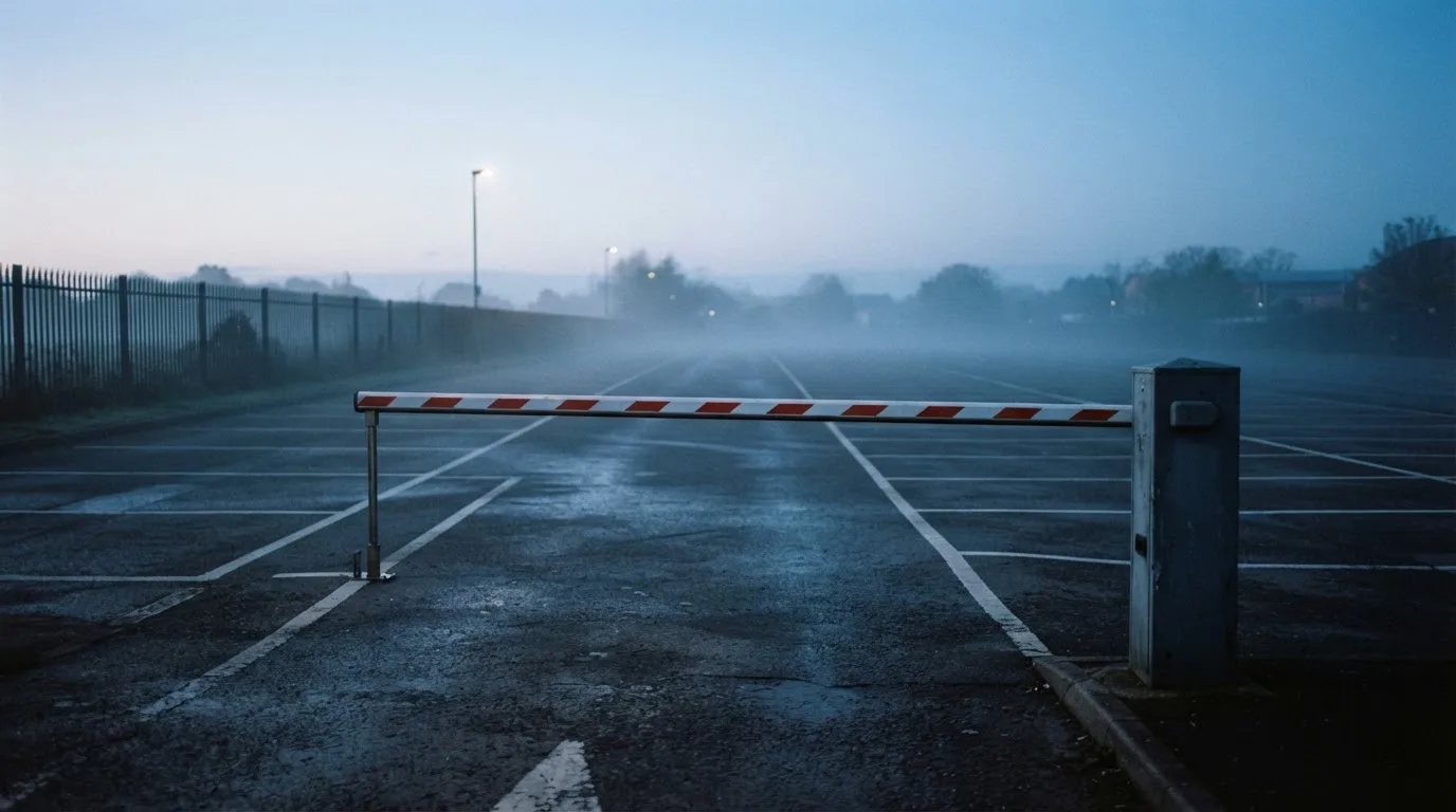 Szlaban w poziomie przy wjeździe na pusty parking o świcie, mgła nad asfaltem.