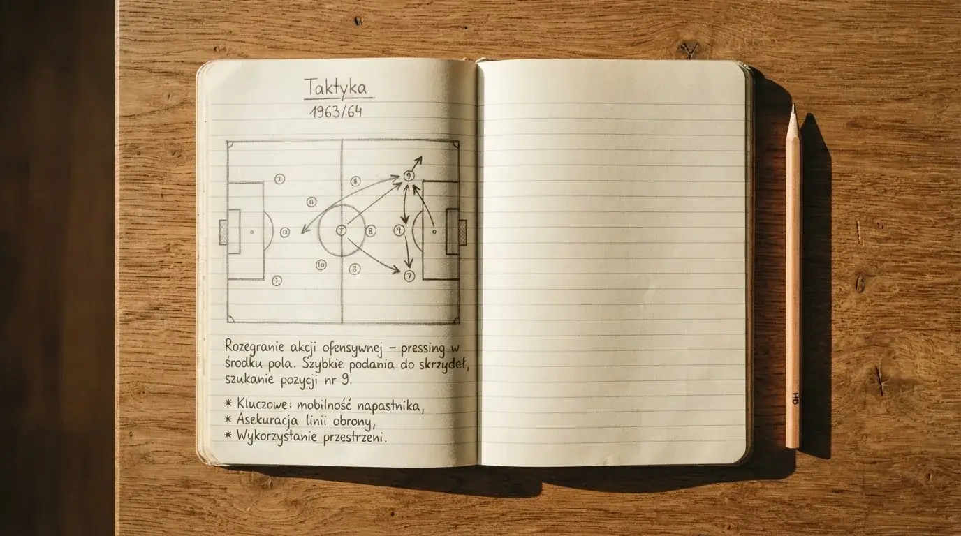 Notes z odręcznym szkicem boiska i strzałkami leżący obok ołówka na drewnianym stole.