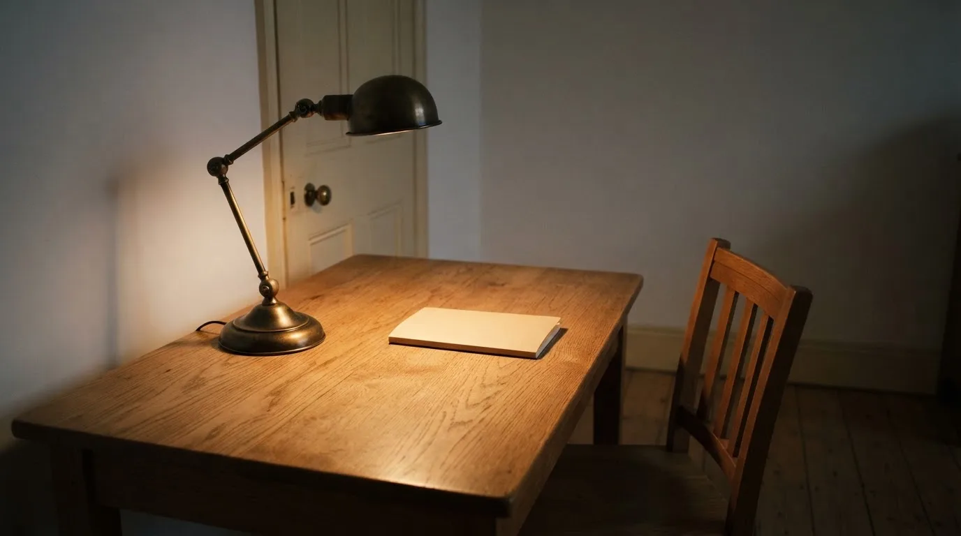 Lampa biurkowa świecąca na pustym drewnianym biurku w cichym gabinecie wieczorem, obok puste krzesło.
