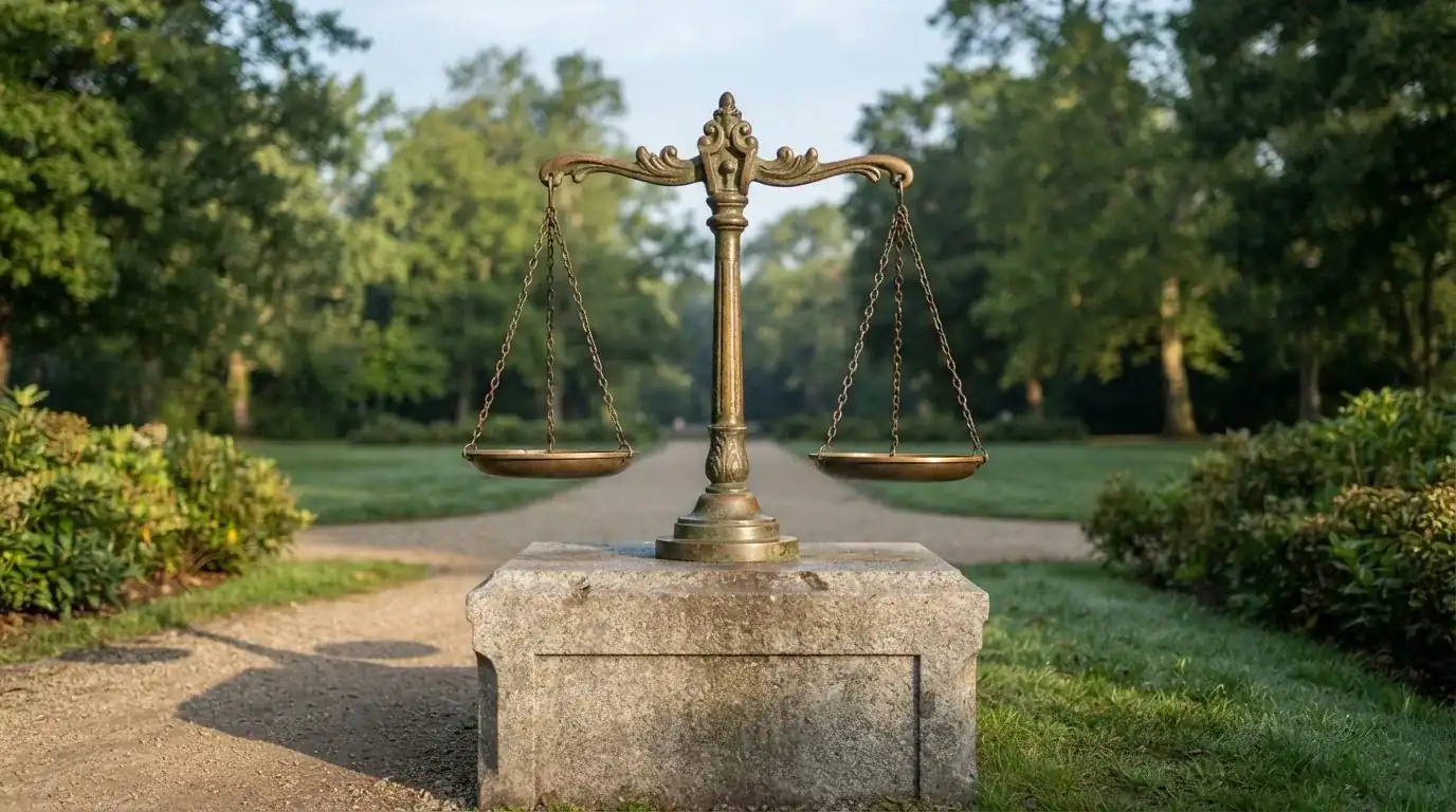 Rzeźba w brązie przedstawiająca wagę szalkową na kamiennym cokole w parku, poranne światło.