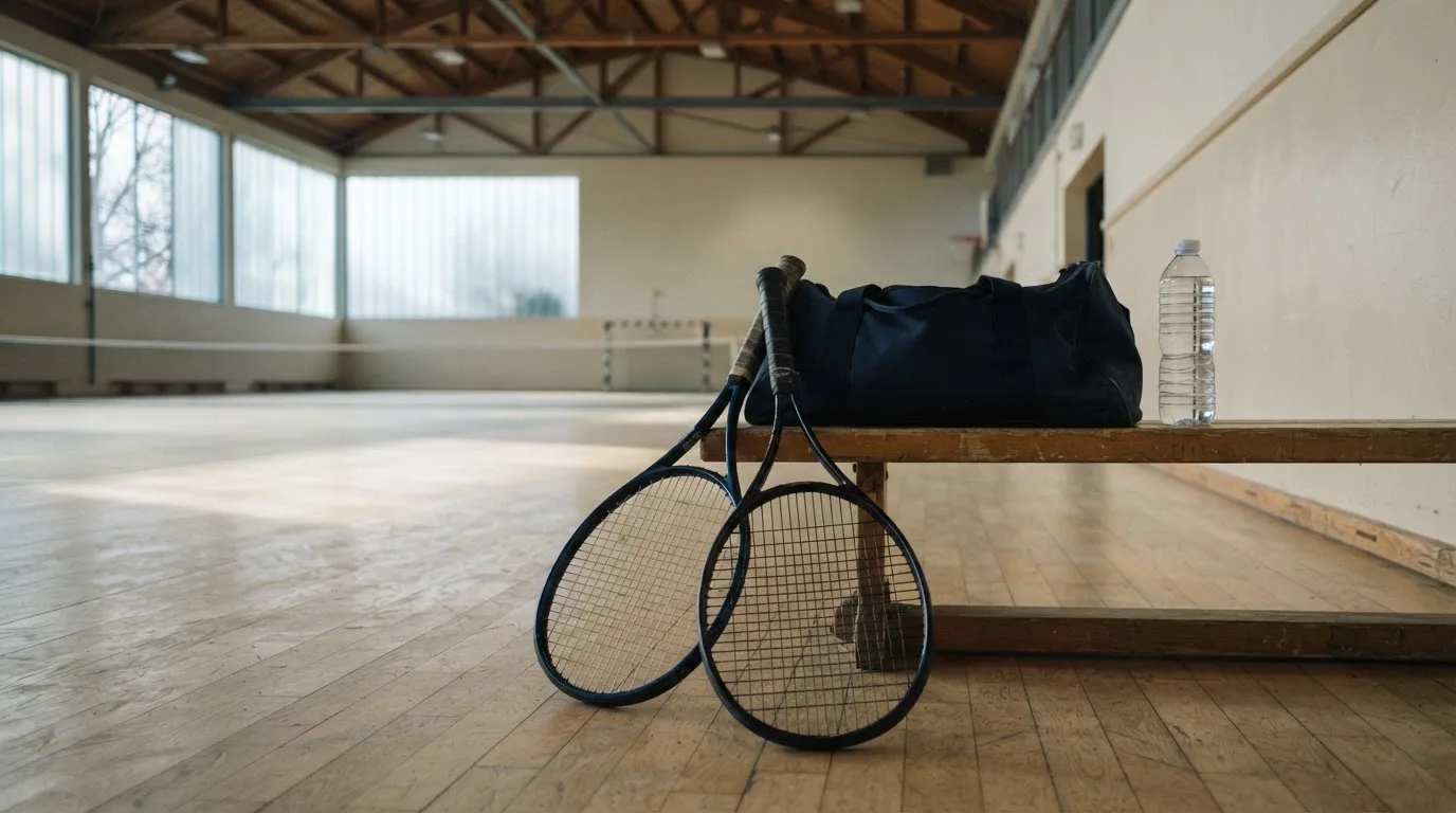 Dwie rakiety tenisowe oparte o ławkę obok sportowej torby i butelki wody w pustej hali treningowej.