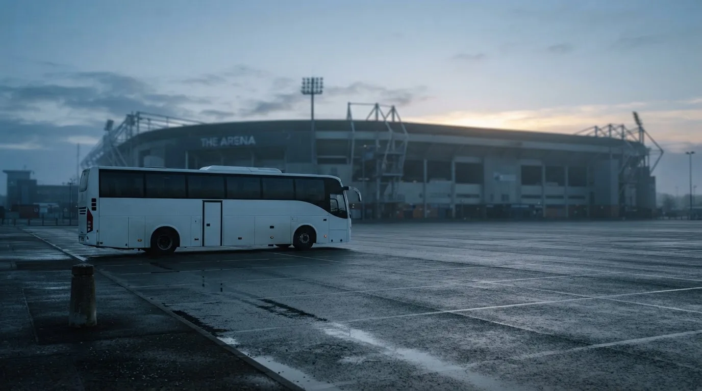 Autokar stoi na parkingu przed stadionem o świcie, rozmyte kontury trybun w tle, pusty plac i mokry asfalt.